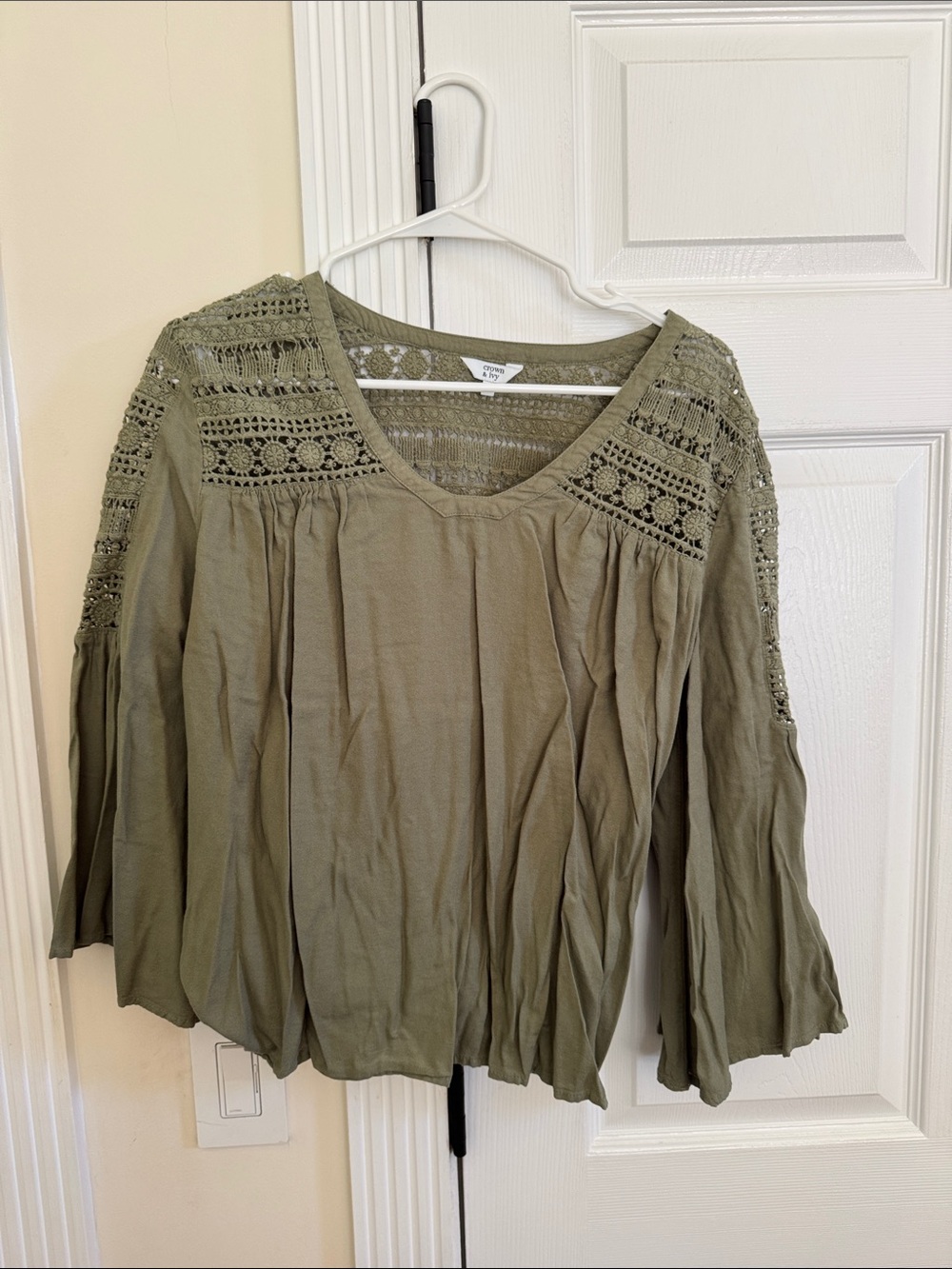 crown & ivy Olive Crochet Yoke Blouse